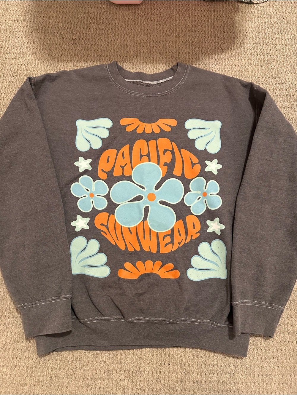 Pacific Sunwear Gray Crewneck with Blue Floral & Orange Logo